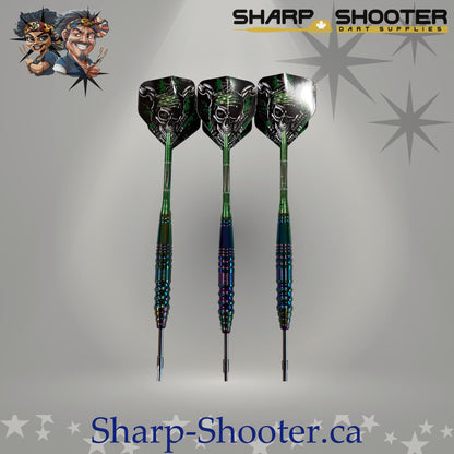 Marauder Select Series steel dart set with Prismforge copper oilslick barrels, green aluminum shafts, pirate skull flights, and steel tips by Sharpshooter