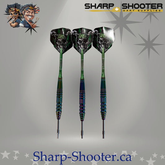 Marauder Select Series steel dart set with Prismforge copper oilslick barrels, green aluminum shafts, pirate skull flights, and steel tips by Sharpshooter