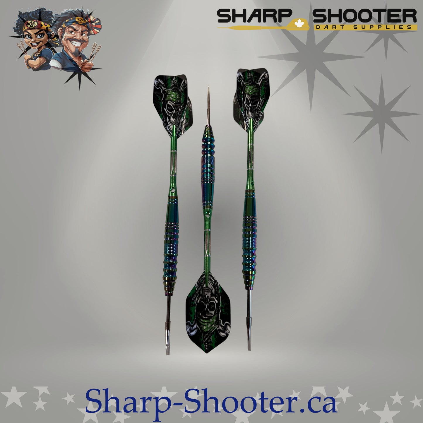 Marauder Select Series steel dart set with Prismforge copper oilslick barrels, green aluminum shafts, pirate skull flights, and steel tips by Sharpshooter