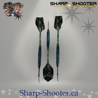 Marauder Select Series steel dart set with Prismforge copper oilslick barrels, green aluminum shafts, pirate skull flights, and steel tips by Sharpshooter