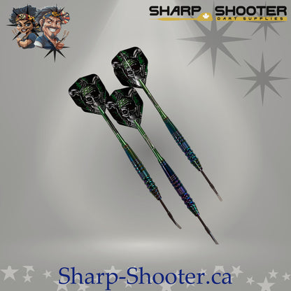 Marauder Select Series steel dart set with Prismforge copper oilslick barrels, green aluminum shafts, pirate skull flights, and steel tips by Sharpshooter