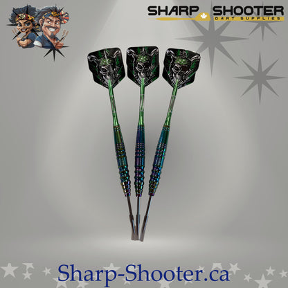 Marauder Select Series steel dart set with Prismforge copper oilslick barrels, green aluminum shafts, pirate skull flights, and steel tips by Sharpshooter