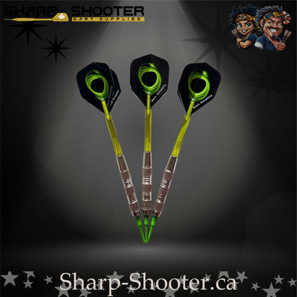 Mojito soft tip dart set with SD01 silver barrels, green shafts, soft tips, swirl flights – Sharp Shooter Dart Supplies