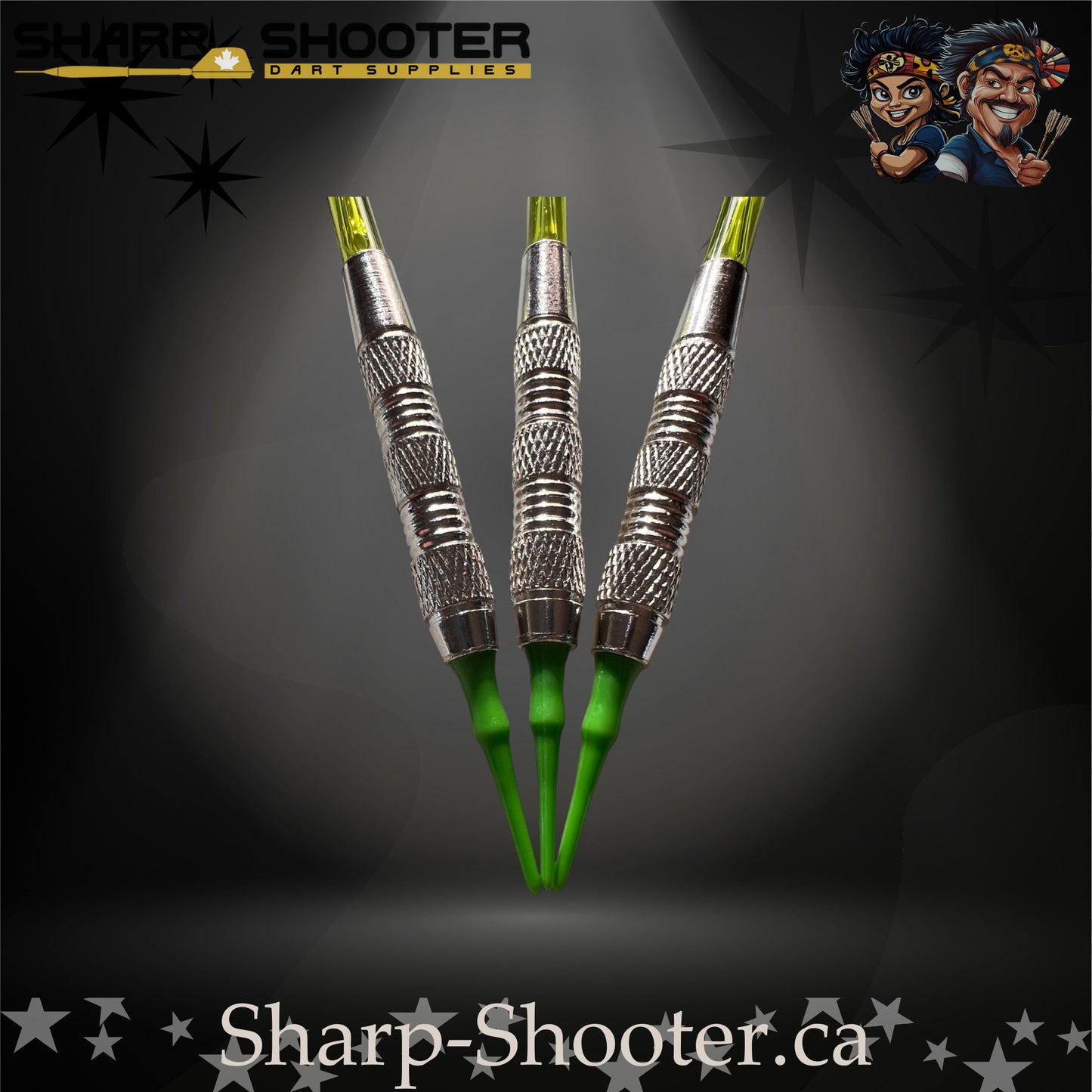 Mojito soft tip dart set with SD01 silver barrels, green shafts, soft tips, swirl flights – Sharp Shooter Dart Supplies