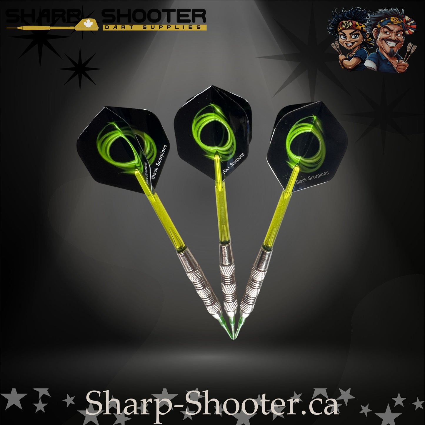 Mojito soft tip dart set with SD01 silver barrels, green shafts, soft tips, swirl flights – Sharp Shooter Dart Supplies
