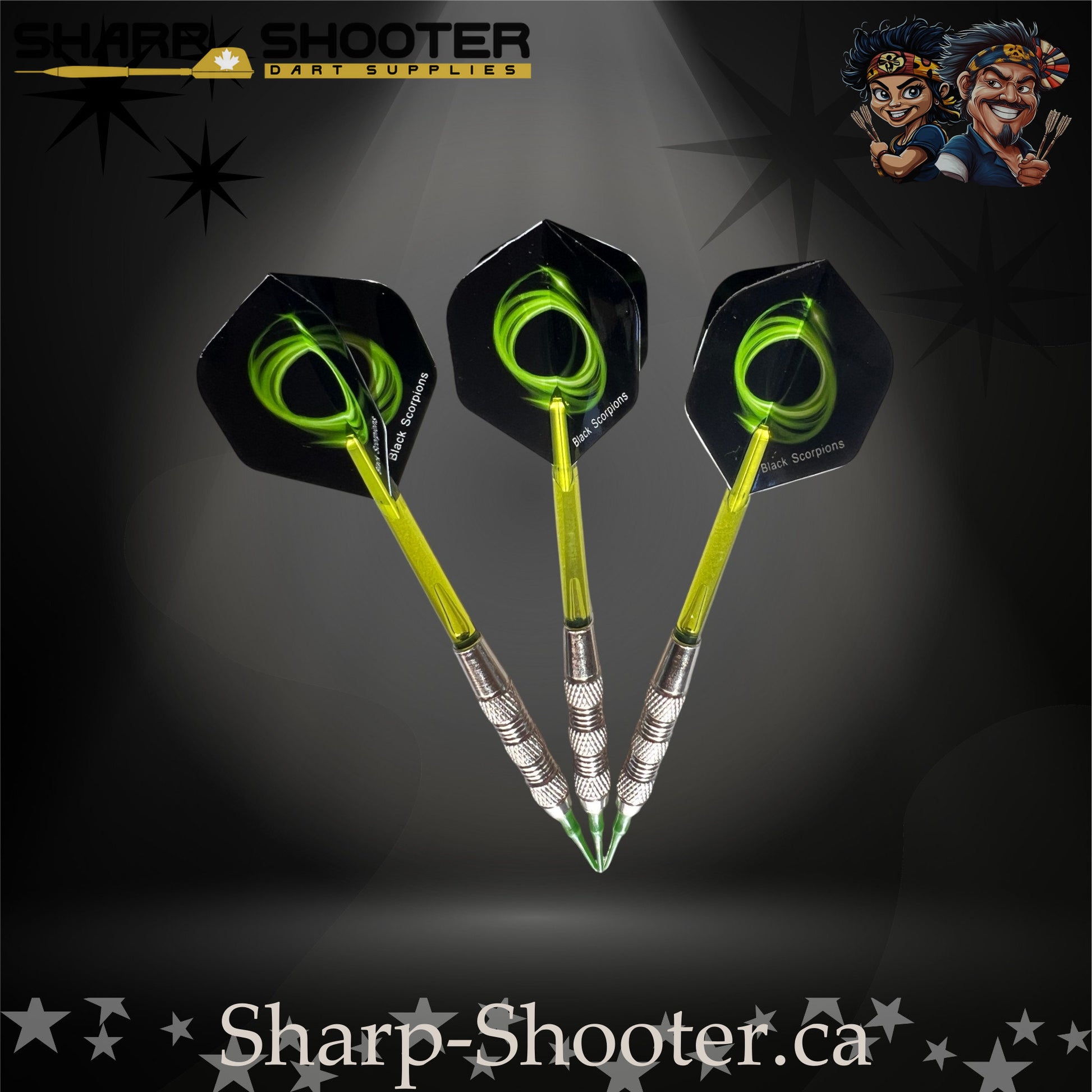 Mojito soft tip dart set with SD01 silver barrels, green shafts, soft tips, swirl flights – Sharp Shooter Dart Supplies