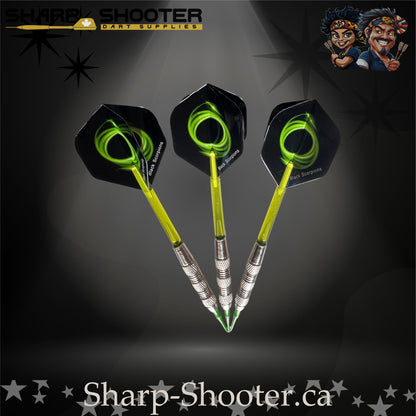Mojito soft tip dart set with SD01 silver barrels, green shafts, soft tips, swirl flights – Sharp Shooter Dart Supplies