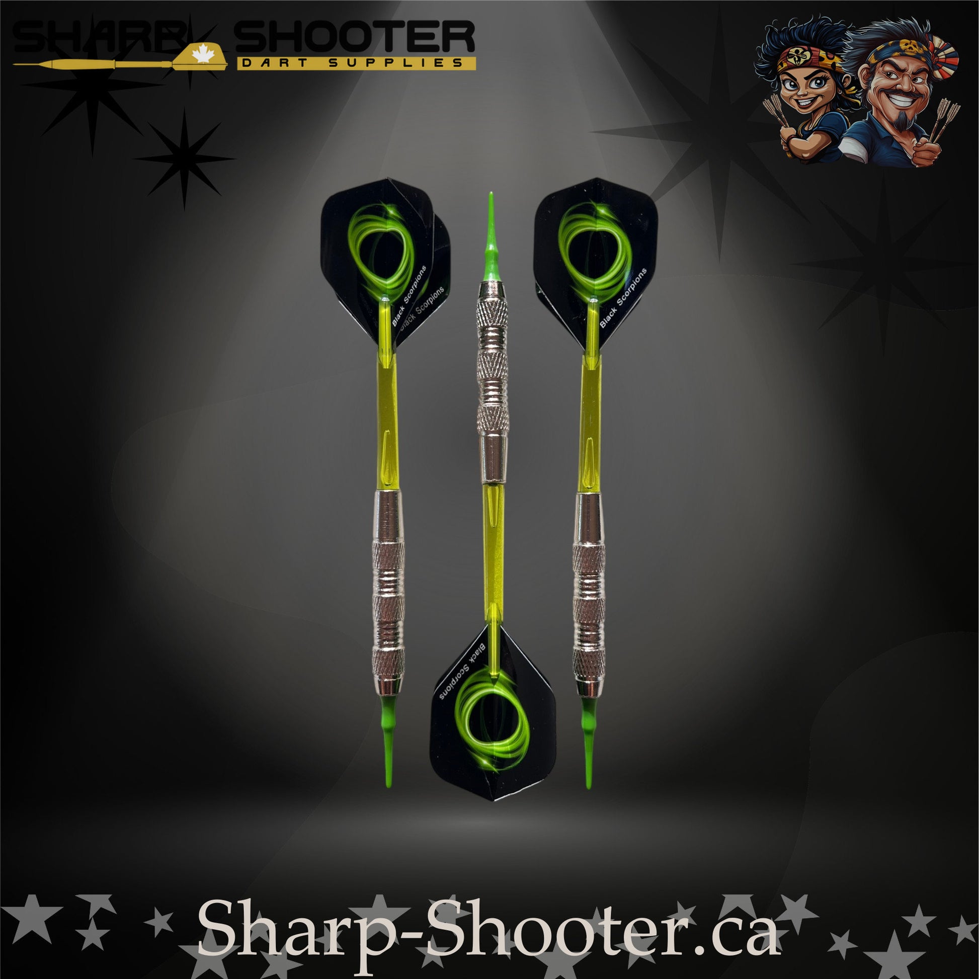 Mojito soft tip dart set with SD01 silver barrels, green shafts, soft tips, swirl flights – Sharp Shooter Dart Supplies