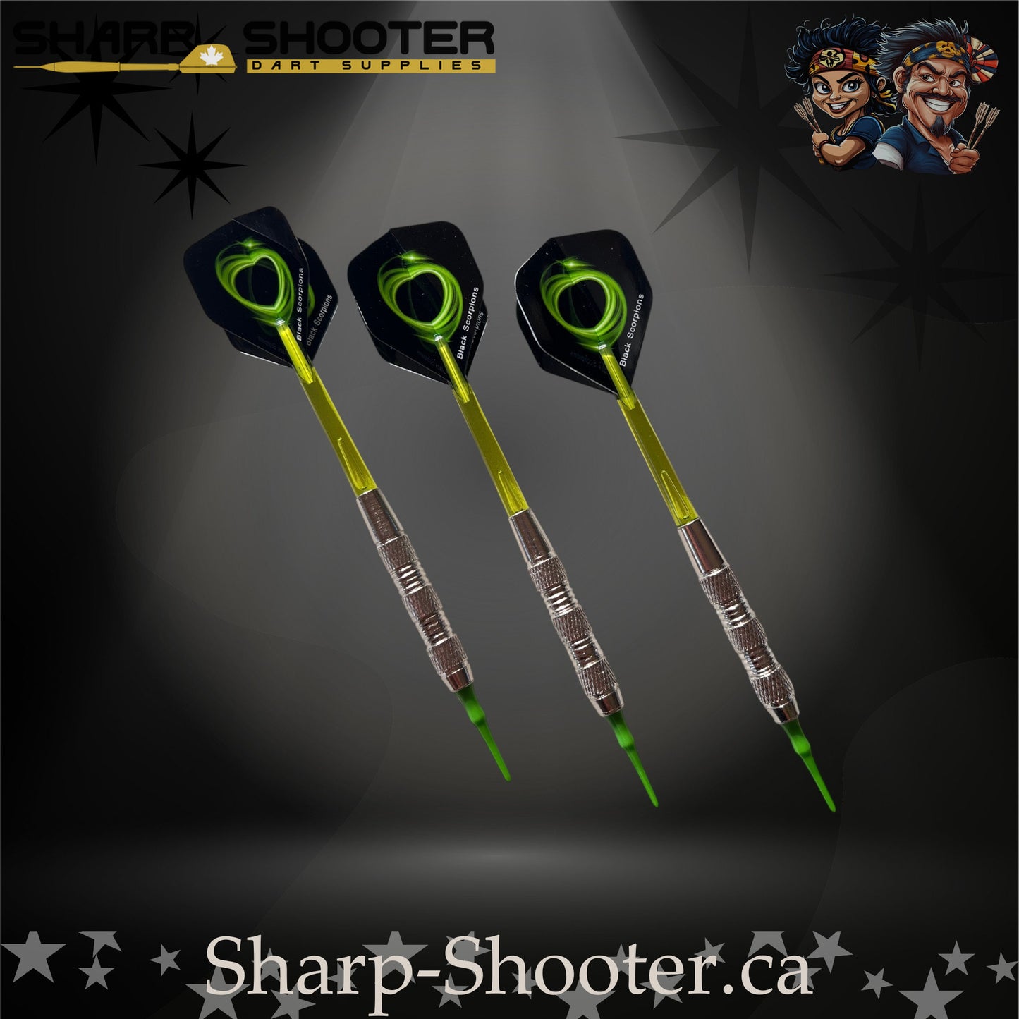Mojito soft tip dart set with SD01 silver barrels, green shafts, soft tips, swirl flights – Sharp Shooter Dart Supplies