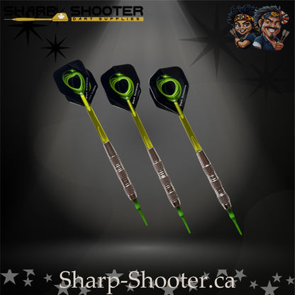 Mojito soft tip dart set with SD01 silver barrels, green shafts, soft tips, swirl flights – Sharp Shooter Dart Supplies