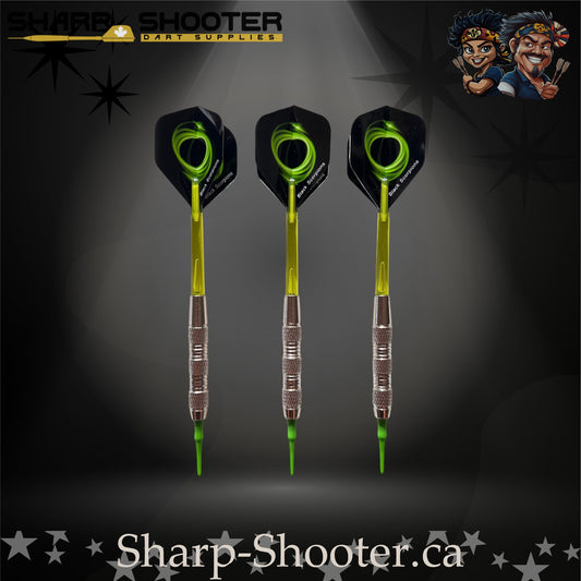 Mojito soft tip dart set with SD01 silver barrels, green shafts, soft tips, swirl flights – Sharp Shooter Dart Supplies