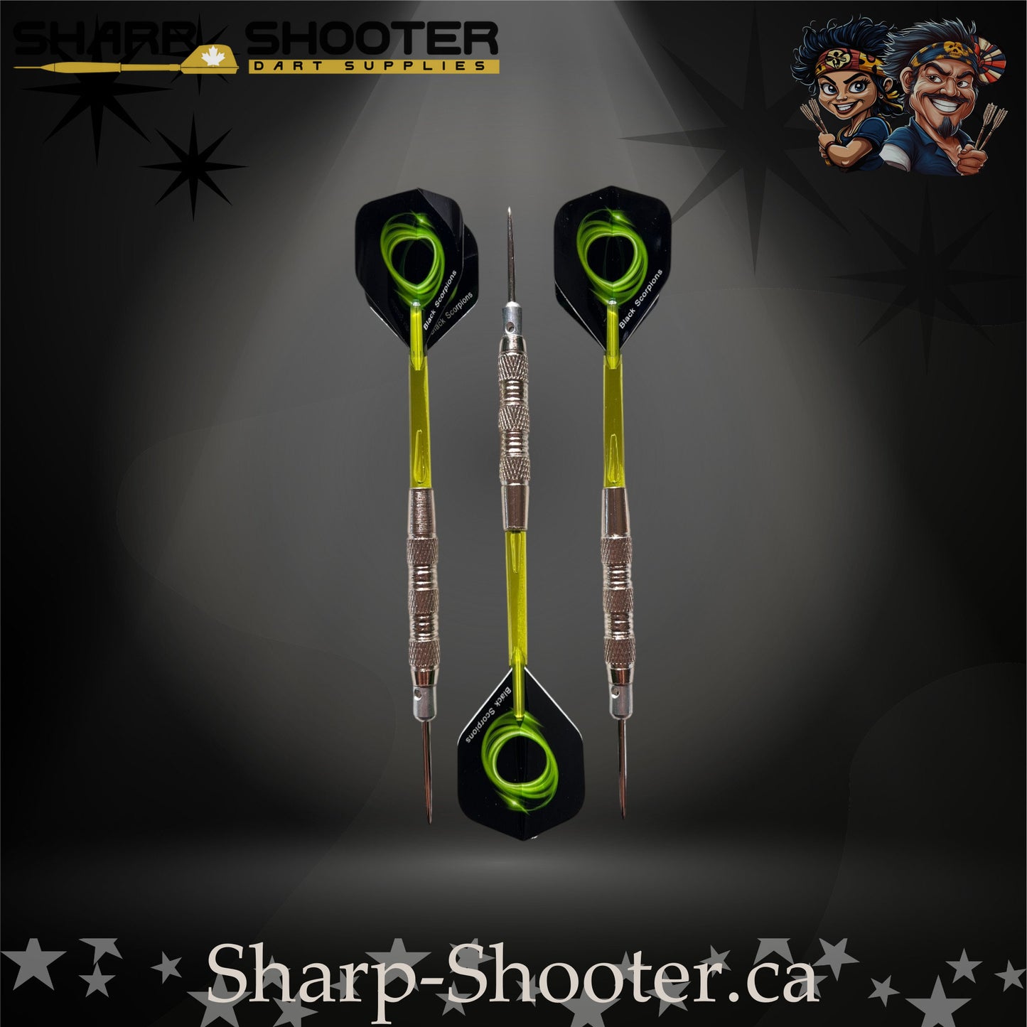 Mojito-S steel tip dart set with SD01 barrels, 29 mm steel tips, green shafts, swirl flights – Sharp Shooter