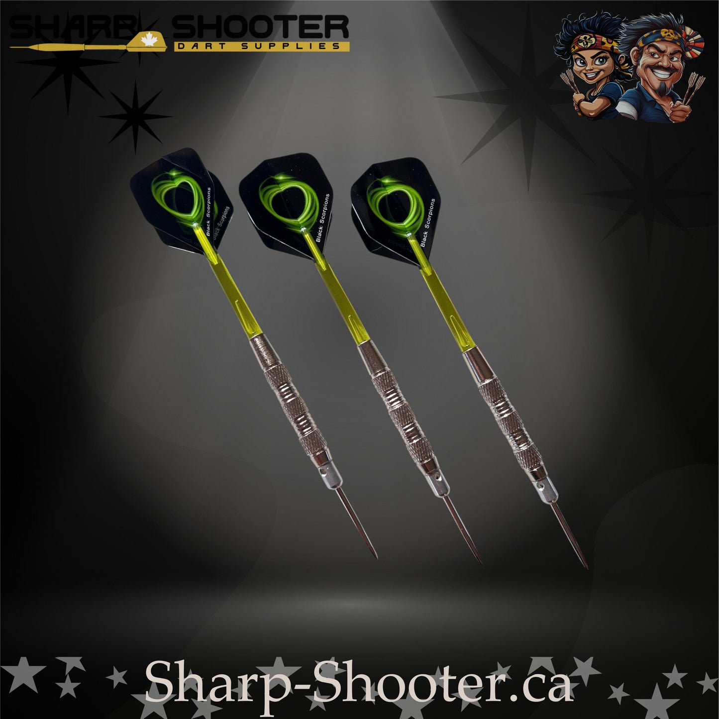 Mojito-S steel tip dart set with SD01 barrels, 29 mm steel tips, green shafts, swirl flights – Sharp Shooter