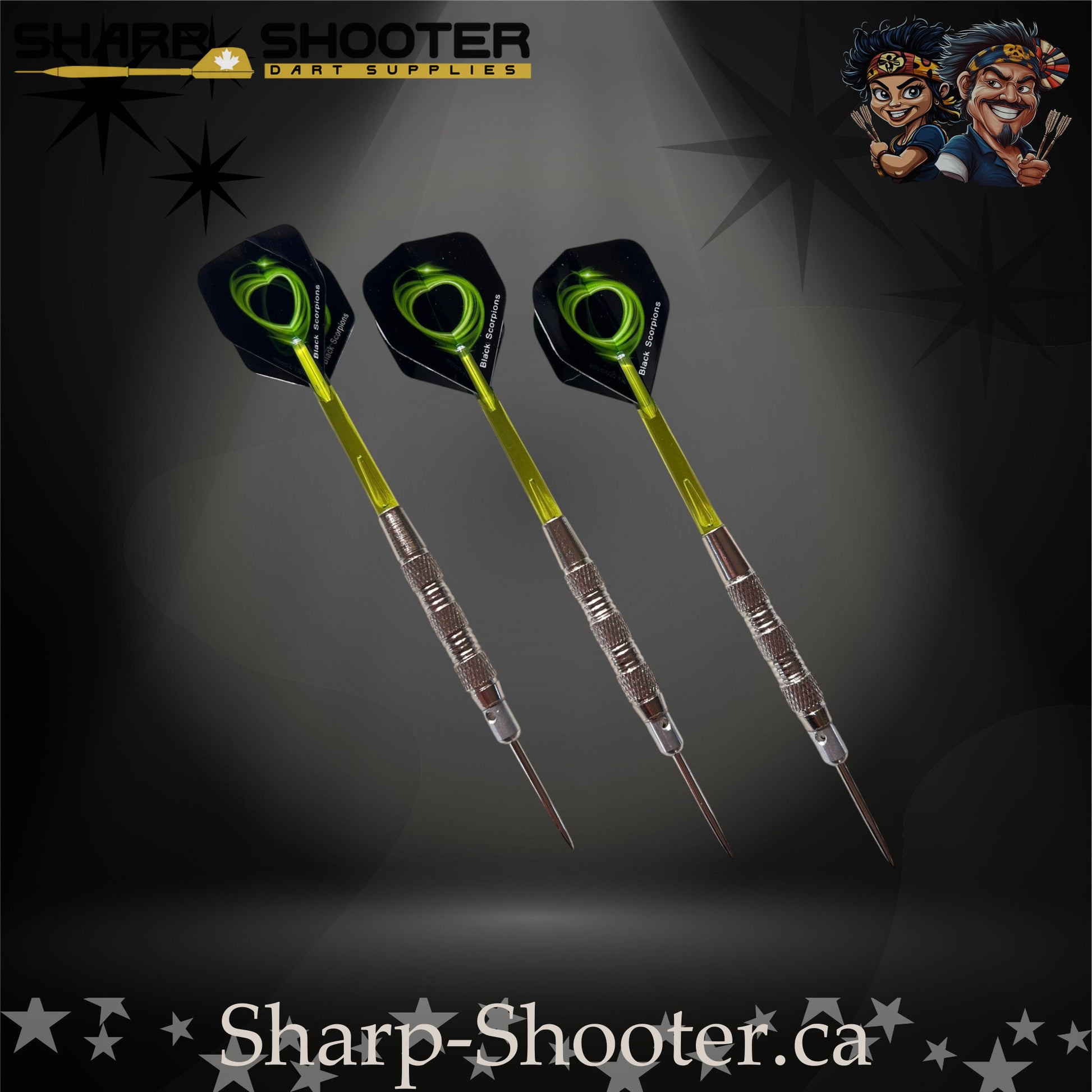 Mojito-S steel tip dart set with SD01 barrels, 29 mm steel tips, green shafts, swirl flights – Sharp Shooter