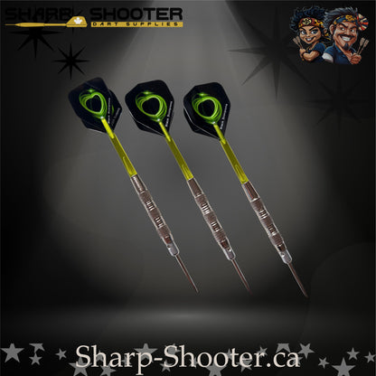 Mojito-S steel tip dart set with SD01 barrels, 29 mm steel tips, green shafts, swirl flights – Sharp Shooter