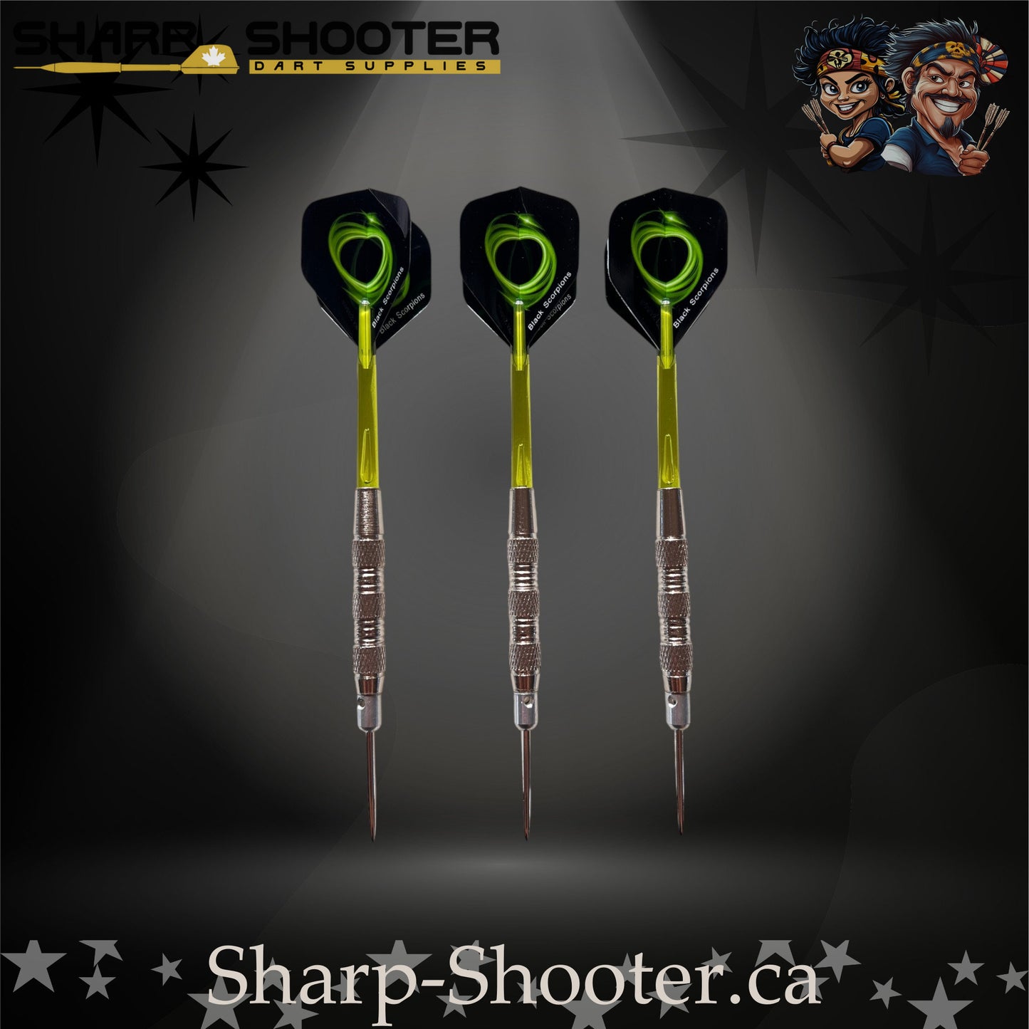 Mojito-S steel tip dart set with SD01 barrels, 29 mm steel tips, green shafts, swirl flights – Sharp Shooter