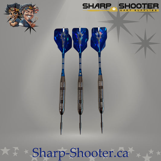 Northstar steel dart set featuring silver Torque iron barrels with aluminum shafts and blue standard flights, assembled and displayed on Sharpshooter Select Series template