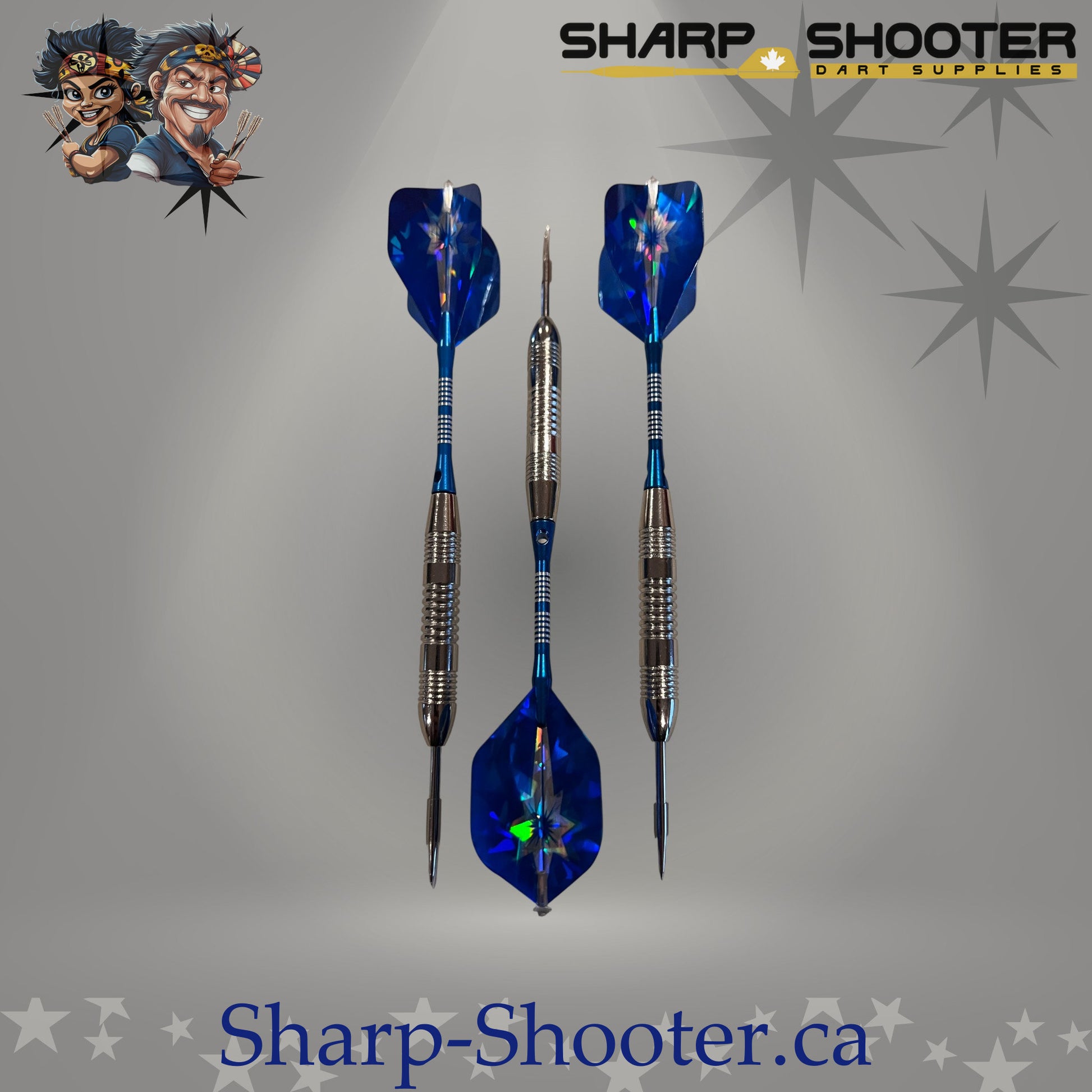 Northstar steel dart set featuring silver Torque iron barrels with aluminum shafts and blue standard flights, assembled and displayed on Sharpshooter Select Series template