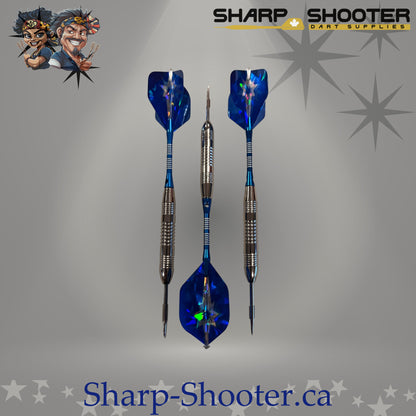 Northstar steel dart set featuring silver Torque iron barrels with aluminum shafts and blue standard flights, assembled and displayed on Sharpshooter Select Series template