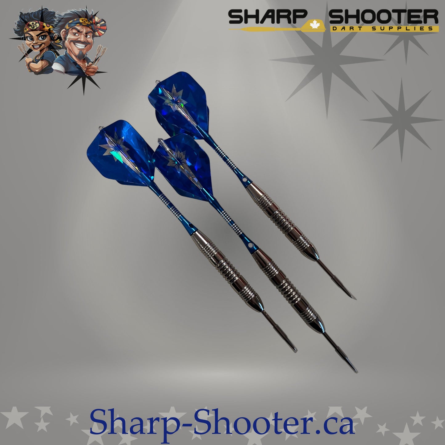 Northstar steel dart set featuring silver Torque iron barrels with aluminum shafts and blue standard flights, assembled and displayed on Sharpshooter Select Series template