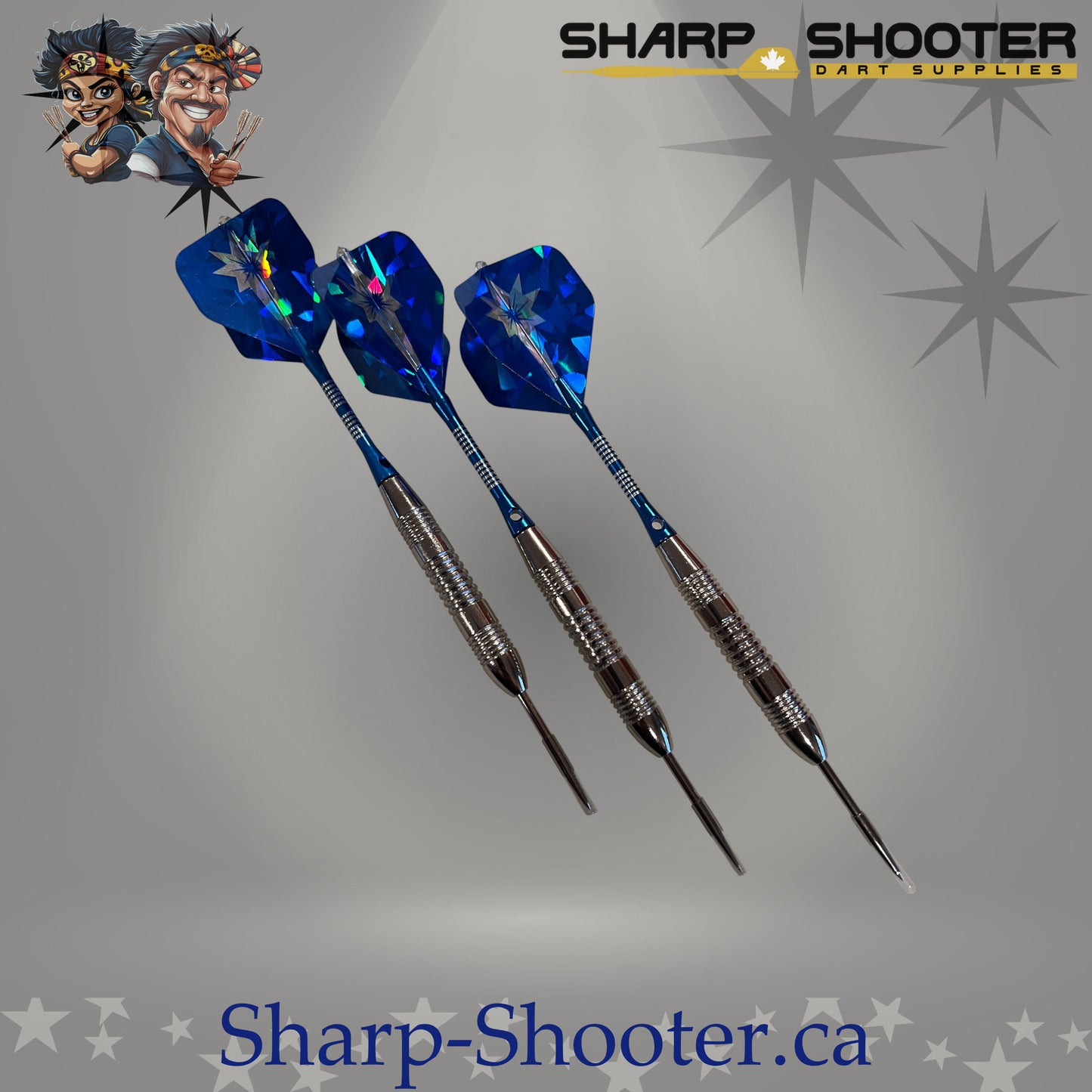 Northstar steel dart set featuring silver Torque iron barrels with aluminum shafts and blue standard flights, assembled and displayed on Sharpshooter Select Series template