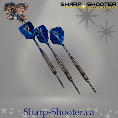 Northstar steel dart set featuring silver Torque iron barrels with aluminum shafts and blue standard flights, assembled and displayed on Sharpshooter Select Series template