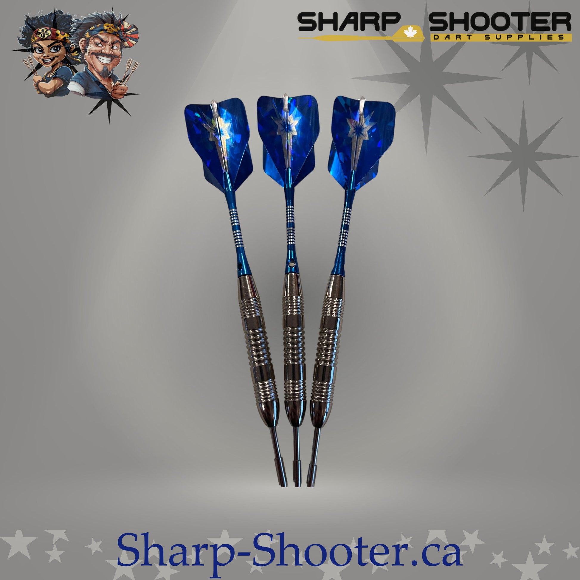 Northstar steel dart set featuring silver Torque iron barrels with aluminum shafts and blue standard flights, assembled and displayed on Sharpshooter Select Series template