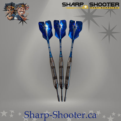 Northstar steel dart set featuring silver Torque iron barrels with aluminum shafts and blue standard flights, assembled and displayed on Sharpshooter Select Series template