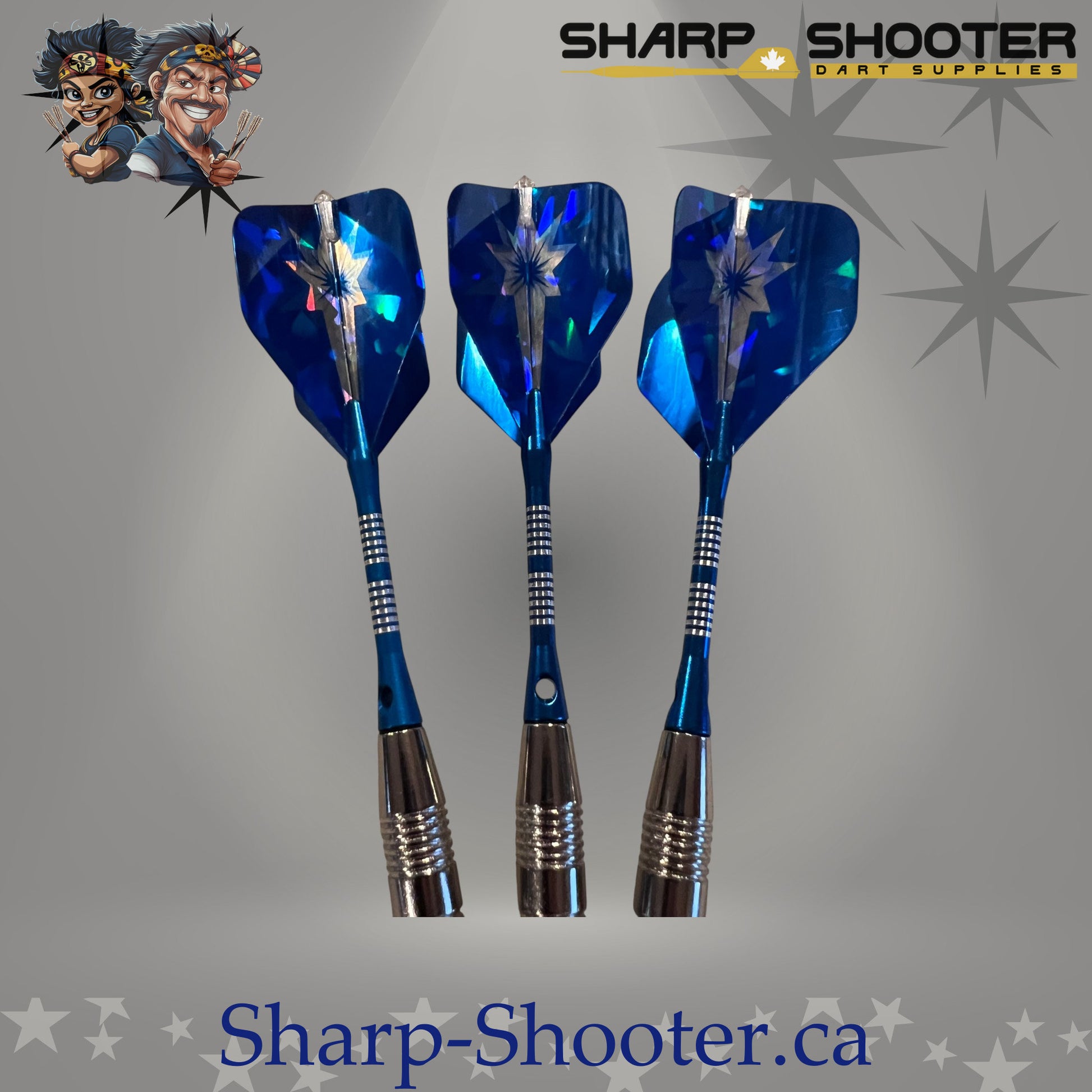 Northstar steel dart set featuring silver Torque iron barrels with aluminum shafts and blue standard flights, assembled and displayed on Sharpshooter Select Series template