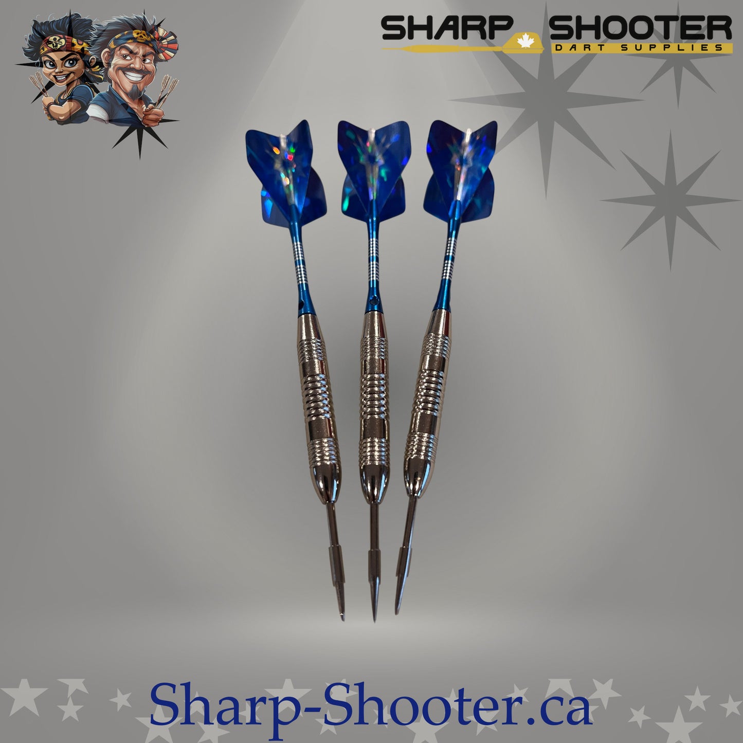Northstar steel dart set featuring silver Torque iron barrels with aluminum shafts and blue standard flights, assembled and displayed on Sharpshooter Select Series template