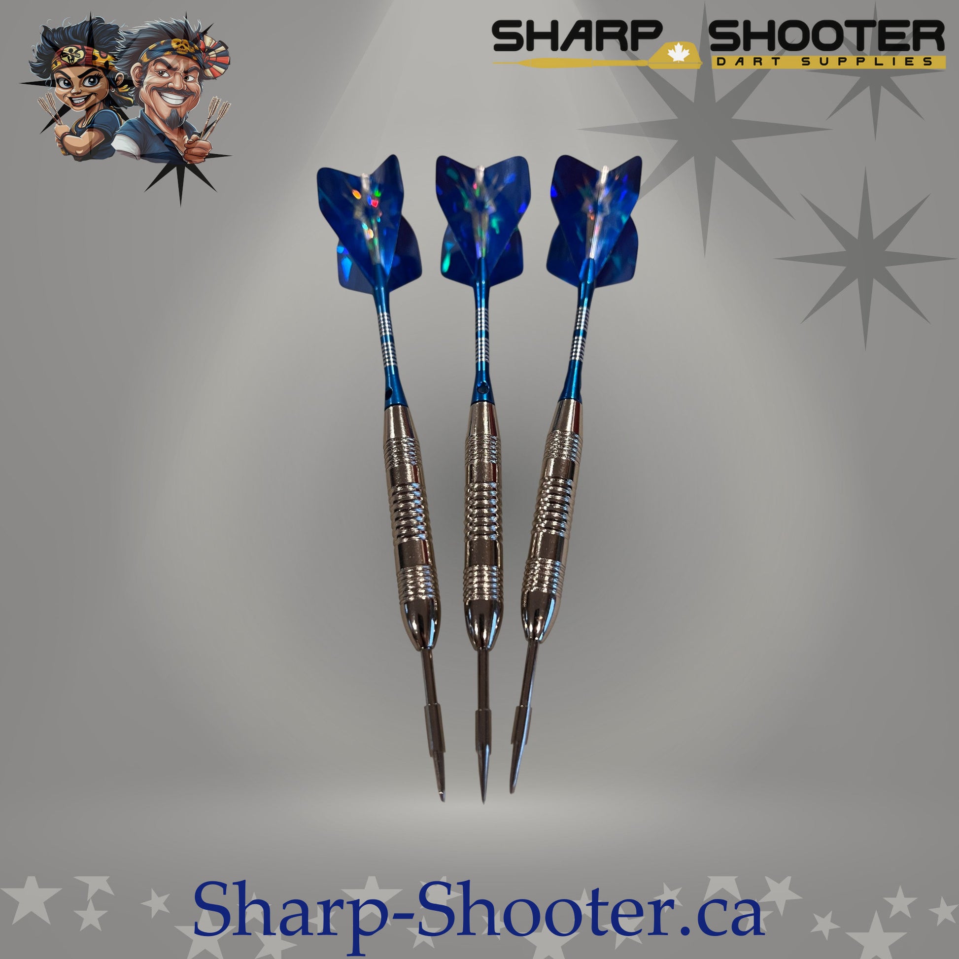 Northstar steel dart set featuring silver Torque iron barrels with aluminum shafts and blue standard flights, assembled and displayed on Sharpshooter Select Series template