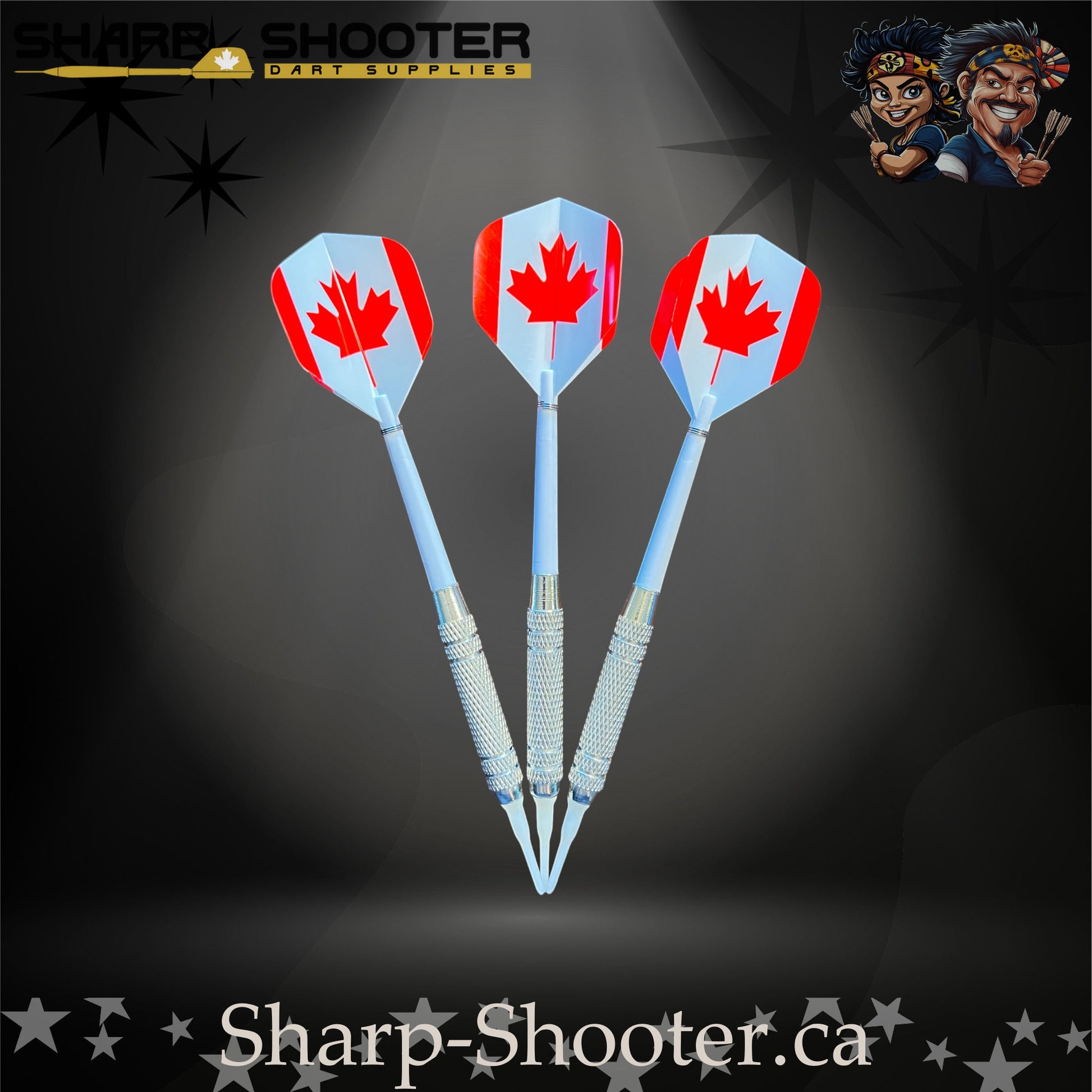 Oh Canada soft tip dart set with Equinox barrels, white shafts, maple-leaf flights, in Stash Box – Sharp Shooter Dart Supplies