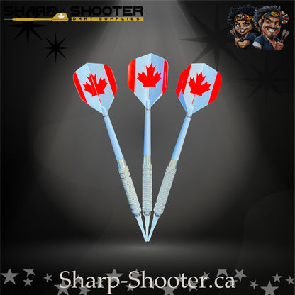Oh Canada soft tip dart set with Equinox barrels, white shafts, maple-leaf flights, in Stash Box – Sharp Shooter Dart Supplies