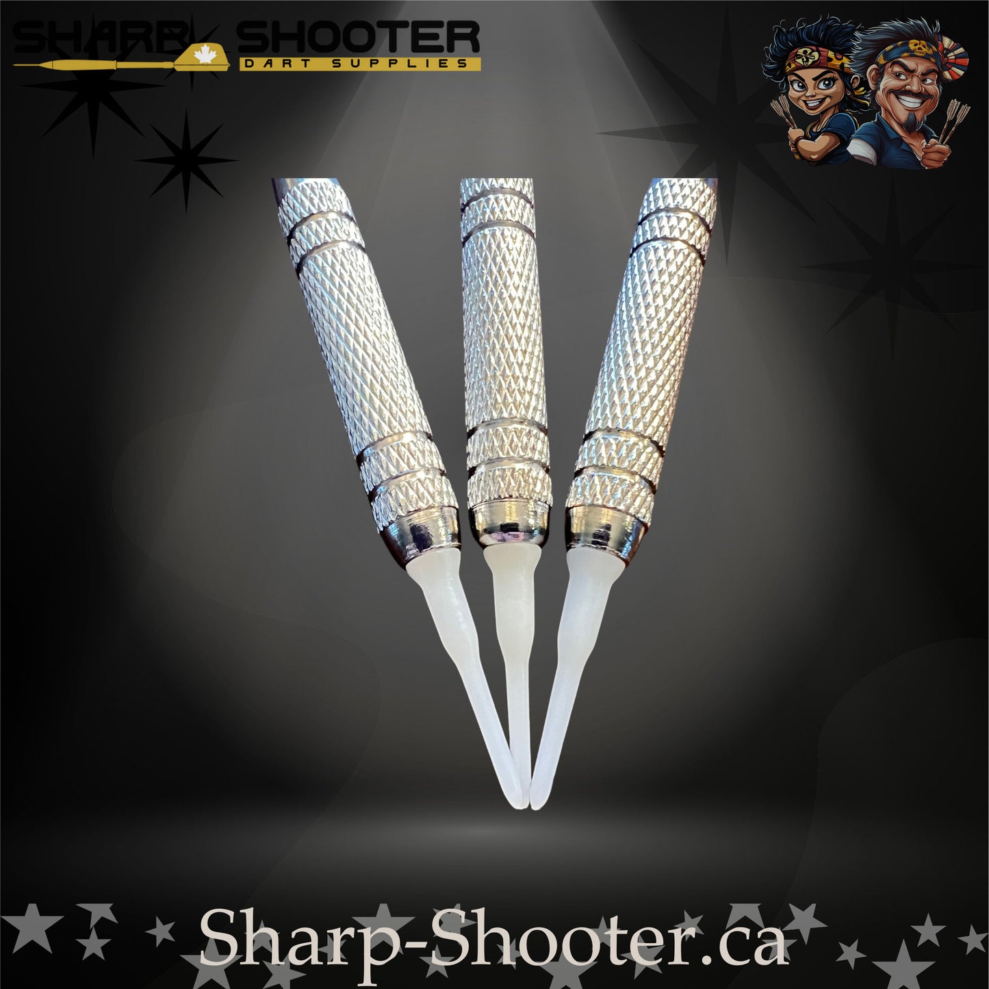 Oh Canada soft tip dart set with Equinox barrels, white shafts, maple-leaf flights, in Stash Box – Sharp Shooter Dart Supplies