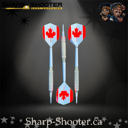 Oh Canada soft tip dart set with Equinox barrels, white shafts, maple-leaf flights, in Stash Box – Sharp Shooter Dart Supplies