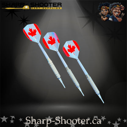 Oh Canada soft tip dart set with Equinox barrels, white shafts, maple-leaf flights, in Stash Box – Sharp Shooter Dart Supplies
