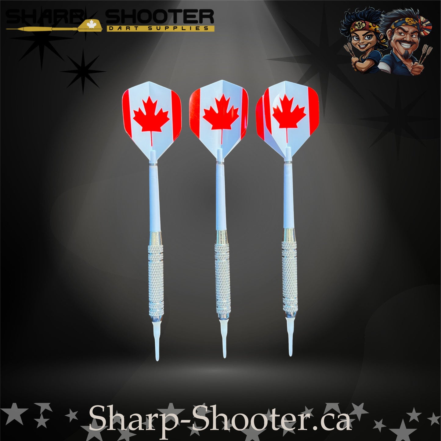 Oh Canada soft tip dart set with Equinox barrels, white shafts, maple-leaf flights, in Stash Box – Sharp Shooter Dart Supplies