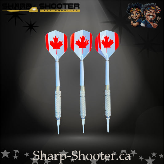 Oh Canada soft tip dart set with Equinox barrels, white shafts, maple-leaf flights, in Stash Box – Sharp Shooter Dart Supplies