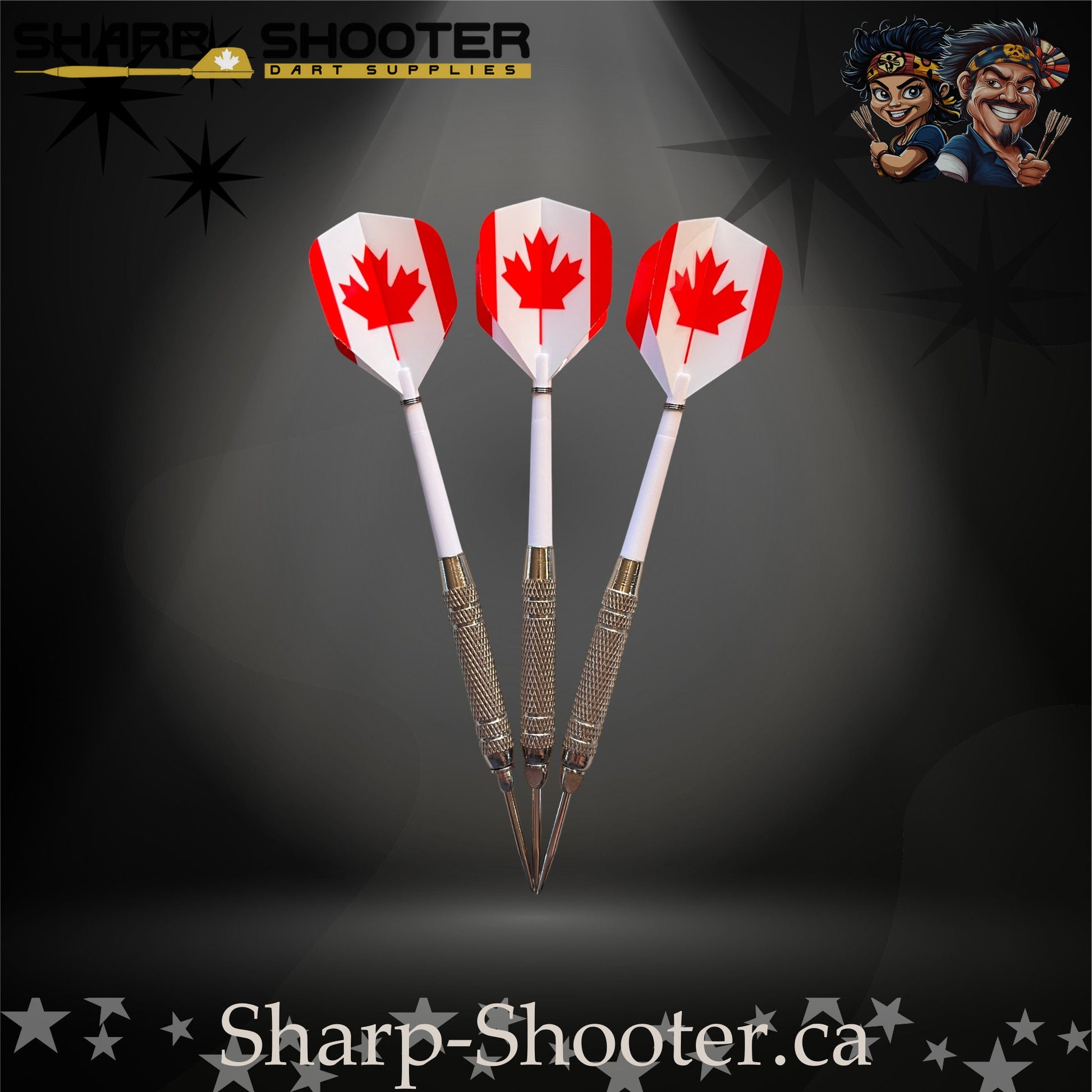 Oh Canada-S steel tip dart set with Equinox barrels, white shafts, and maple-leaf flights in Stash Box – Sharp Shooter Dart Supplies