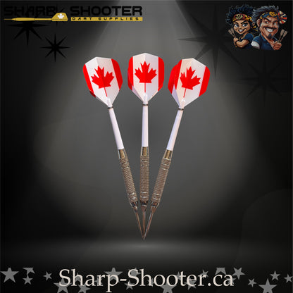 Oh Canada-S steel tip dart set with Equinox barrels, white shafts, and maple-leaf flights in Stash Box – Sharp Shooter Dart Supplies