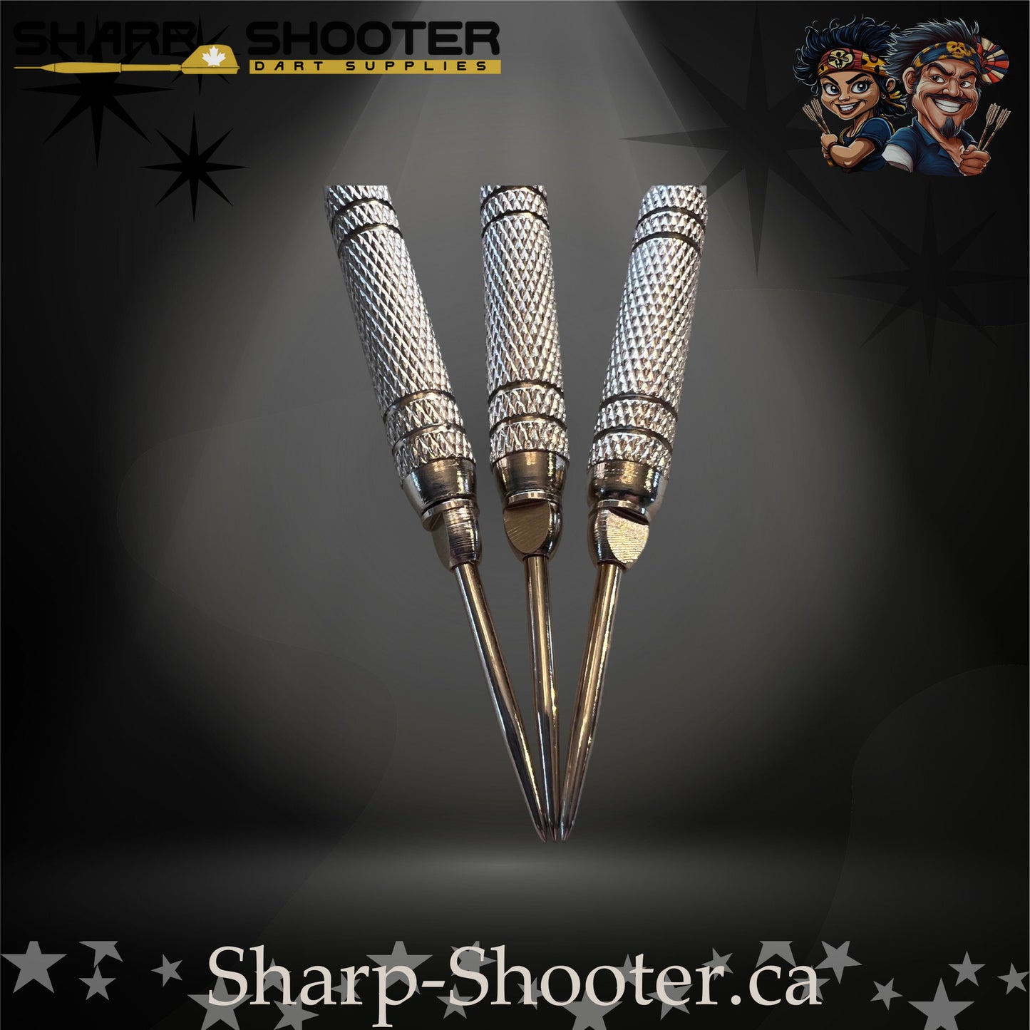 Oh Canada-S steel tip dart set with Equinox barrels, white shafts, and maple-leaf flights in Stash Box – Sharp Shooter Dart Supplies