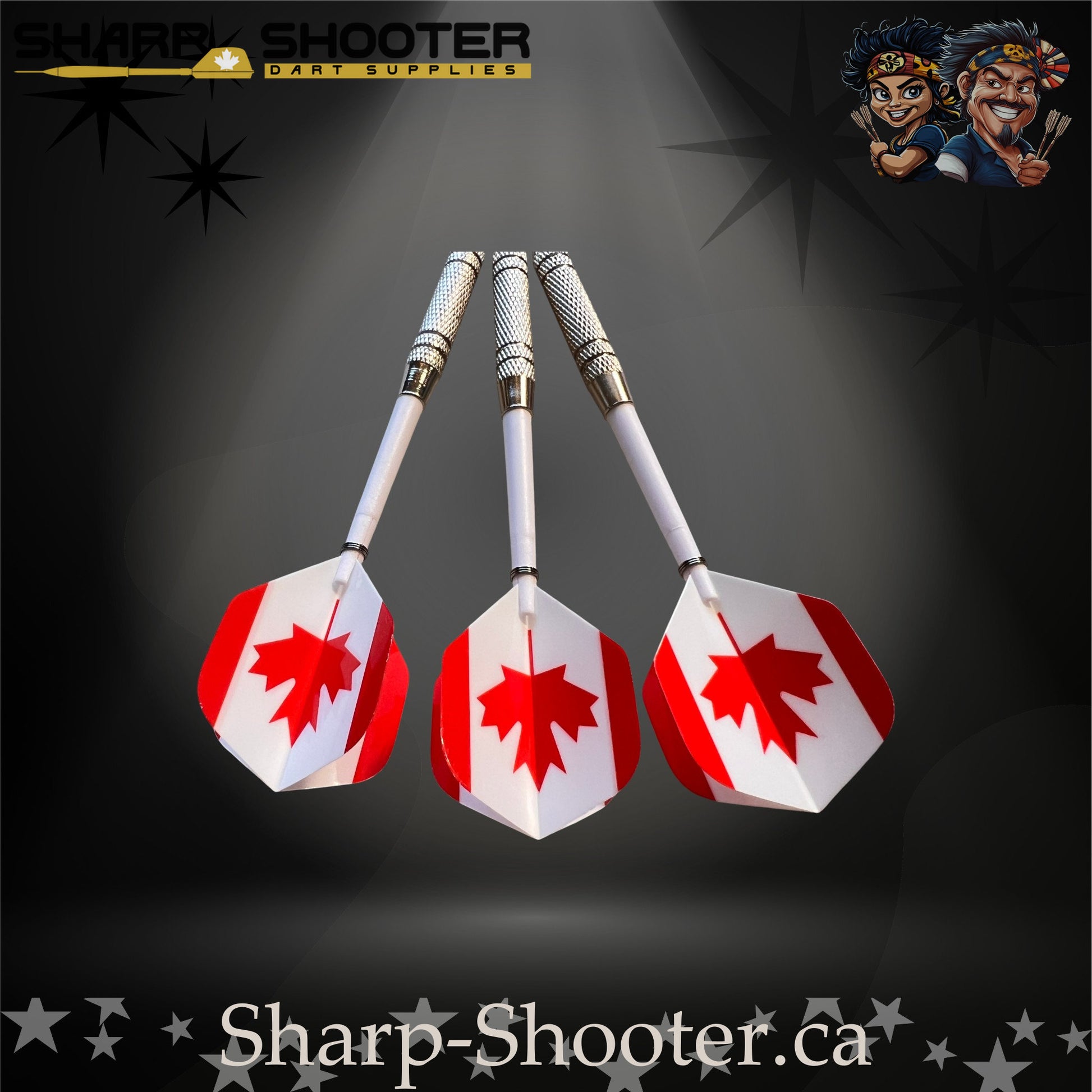 Oh Canada-S steel tip dart set with Equinox barrels, white shafts, and maple-leaf flights in Stash Box – Sharp Shooter Dart Supplies