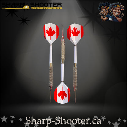 Oh Canada-S steel tip dart set with Equinox barrels, white shafts, and maple-leaf flights in Stash Box – Sharp Shooter Dart Supplies