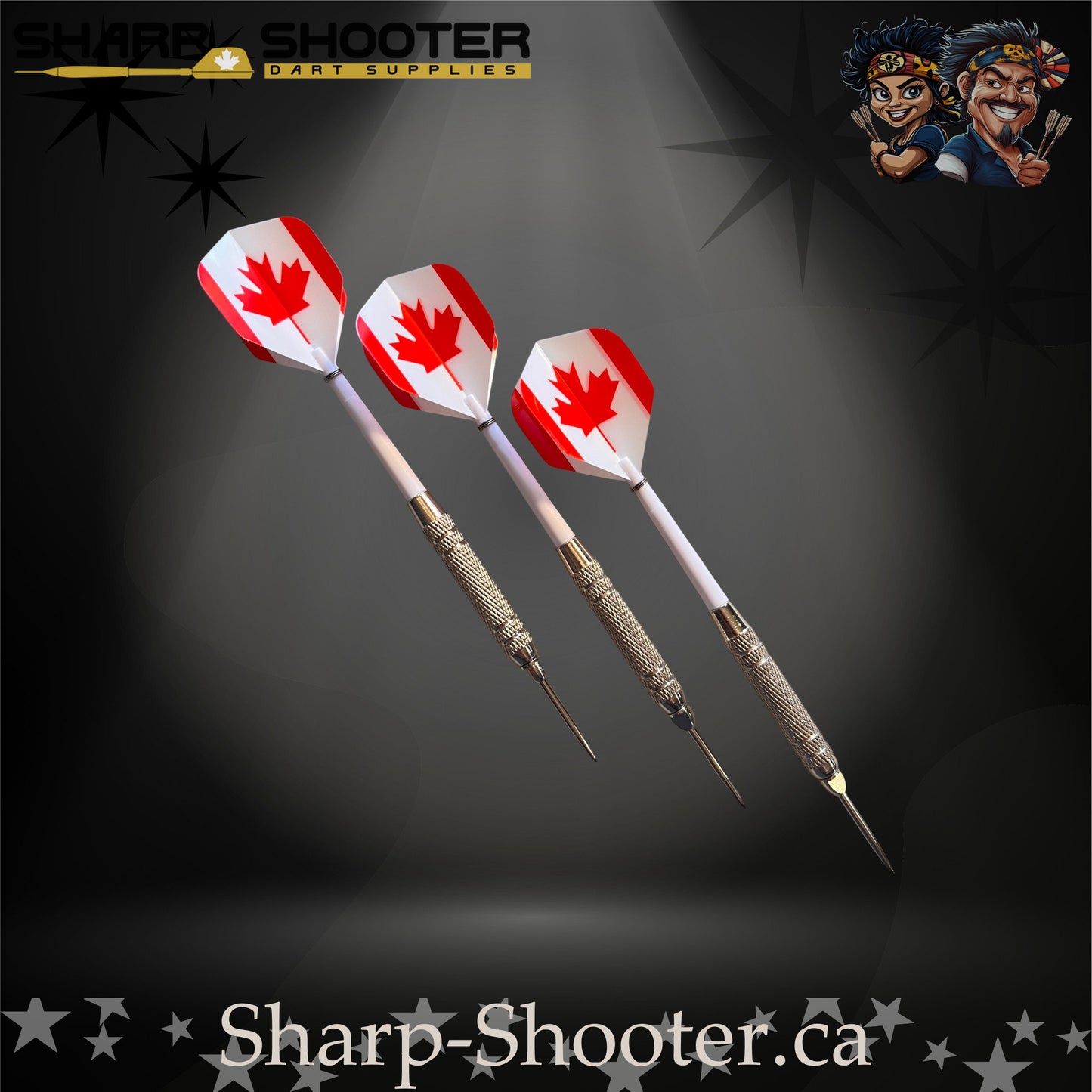 Oh Canada-S steel tip dart set with Equinox barrels, white shafts, and maple-leaf flights in Stash Box – Sharp Shooter Dart Supplies