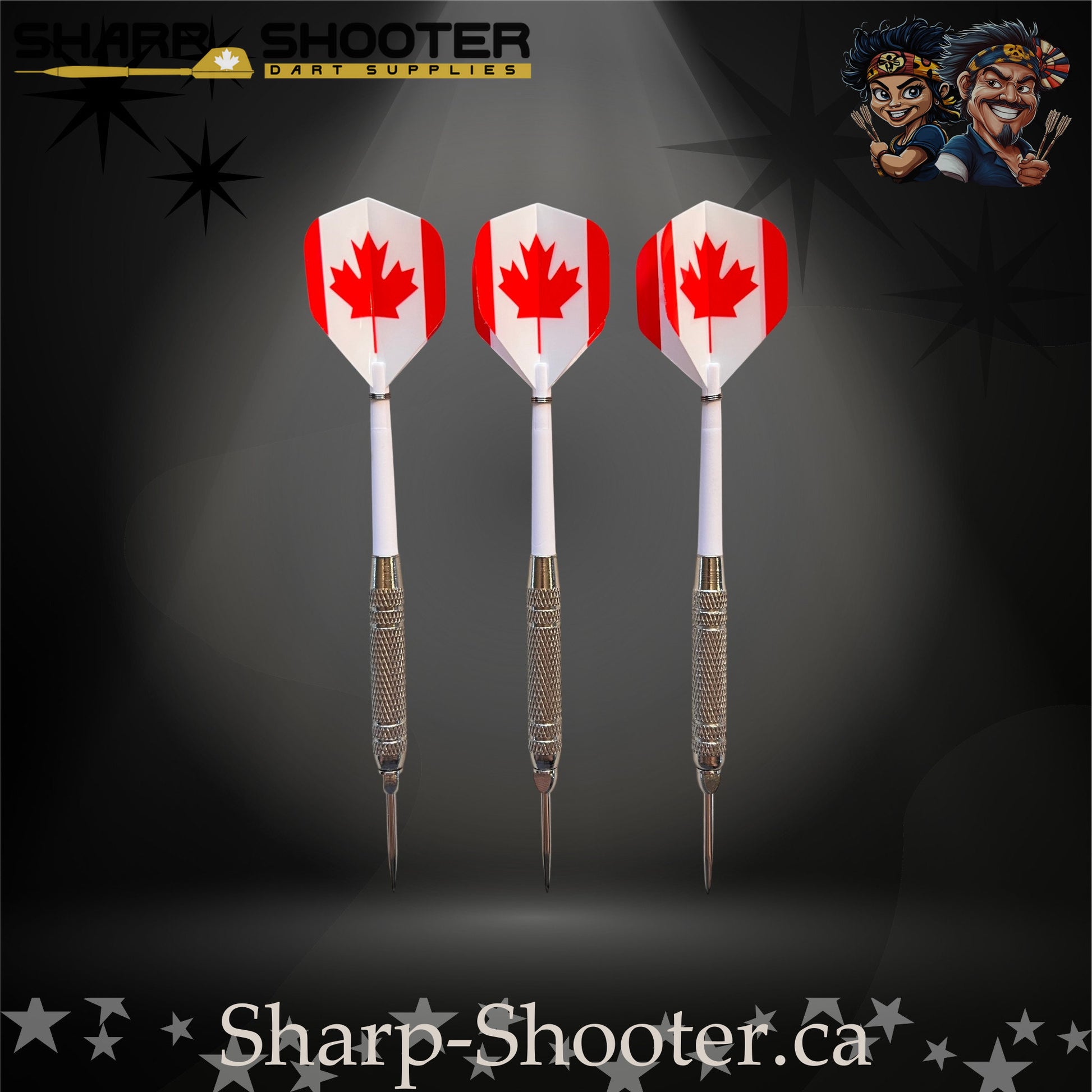 Oh Canada-S steel tip dart set with Equinox barrels, white shafts, and maple-leaf flights in Stash Box – Sharp Shooter Dart Supplies