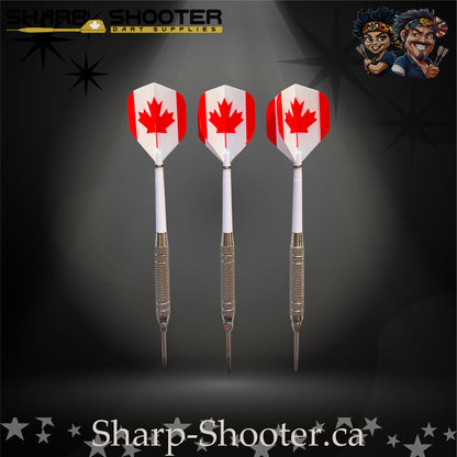Oh Canada-S steel tip dart set with Equinox barrels, white shafts, and maple-leaf flights in Stash Box – Sharp Shooter Dart Supplies