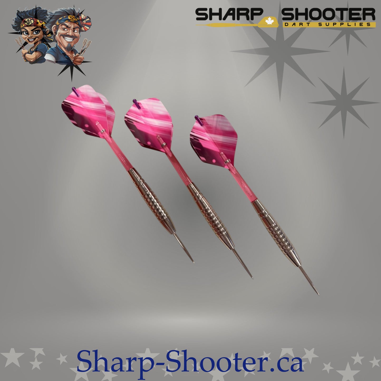 Pink Lady steel dart set featuring silver stainless The Warden barrels, pink flights, matching plastic shafts with aluminum shaft rings, and steel tips arranged on a neutral grey studio background.