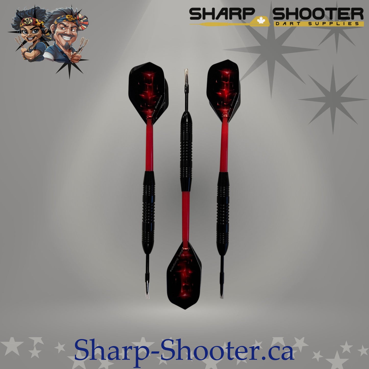 Red Baron steel dart set with straight black barrels, red sparkle flights, and plastic shafts on grey studio background