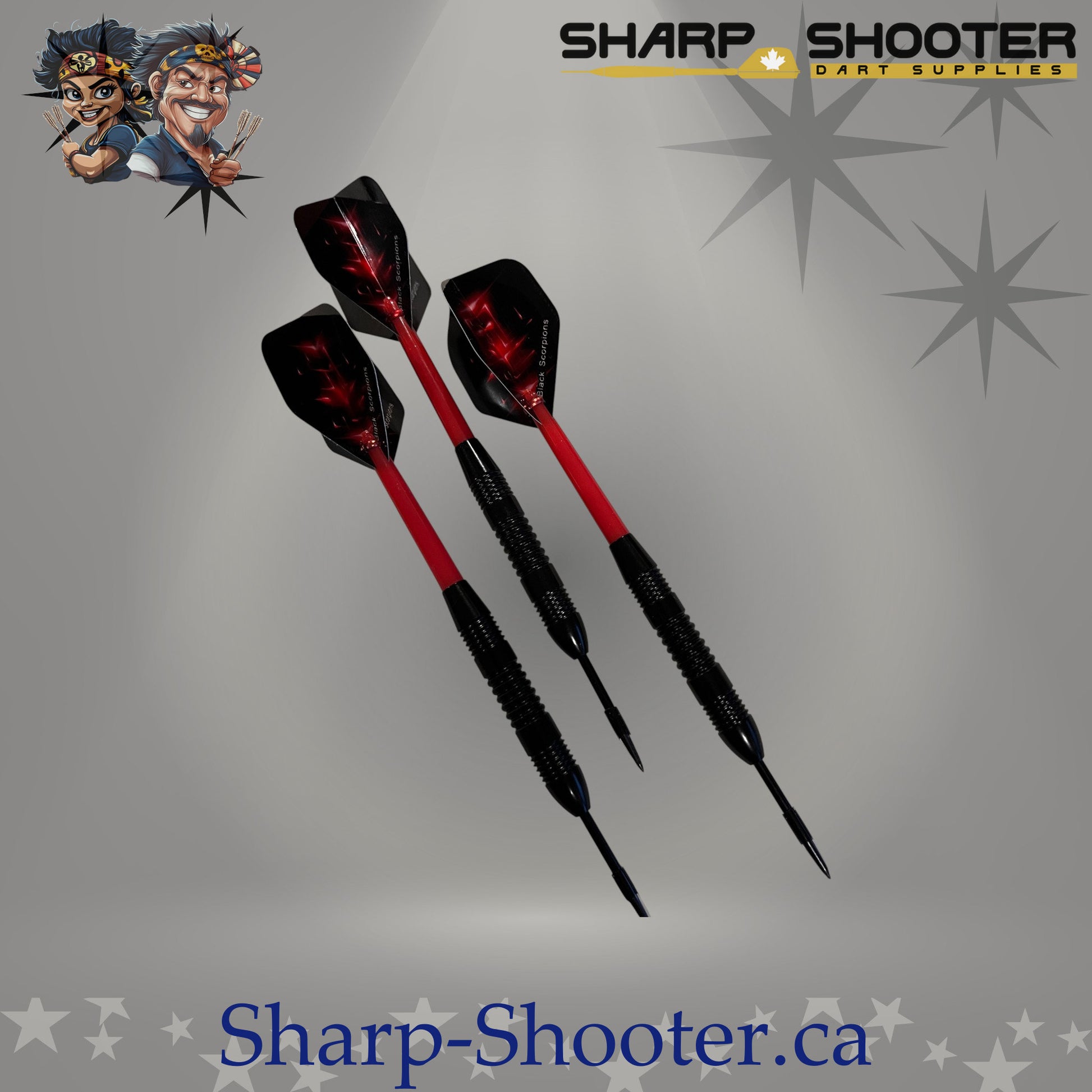 Red Baron steel dart set with straight black barrels, red sparkle flights, and plastic shafts on grey studio background