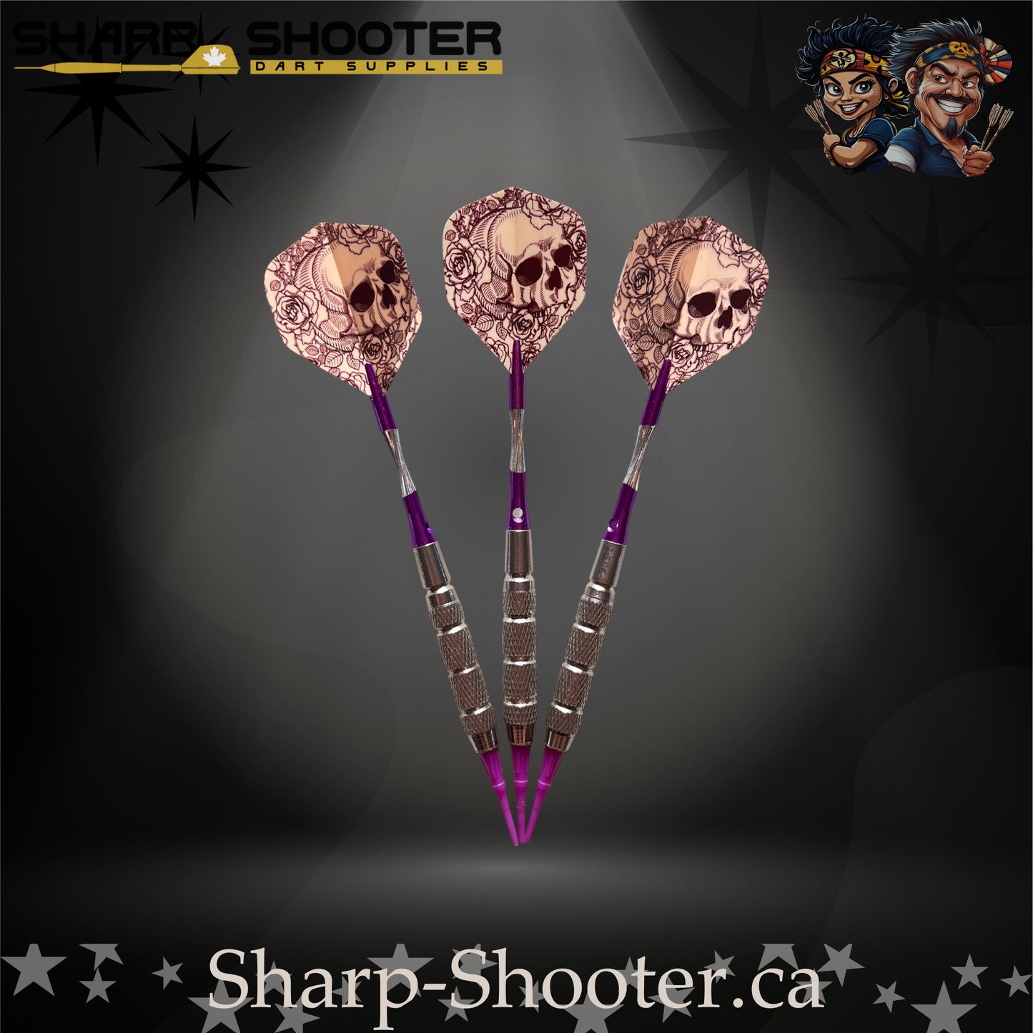 Royal Bones soft tip dart set with SD09 barrels, purple shafts, skull flights, Dominion Gift Case – Sharp Shooter Dart Supplies.